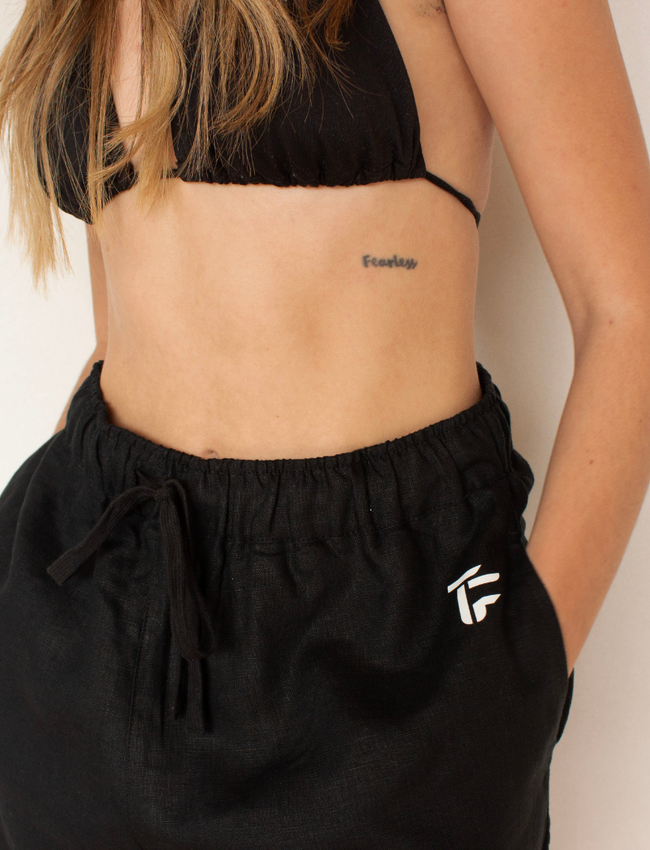 304 Womens TOF Core Logo Black Linen Shorts