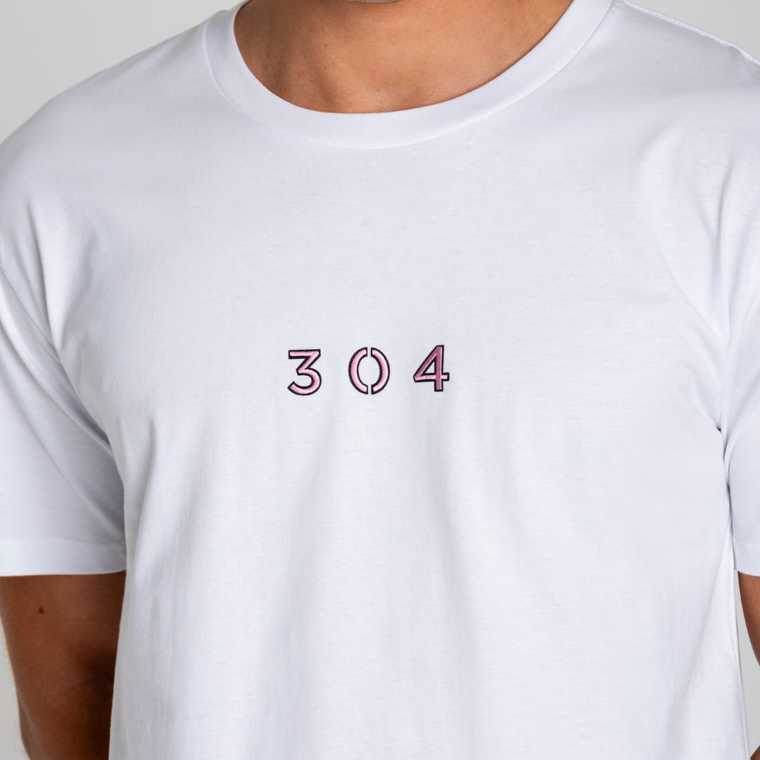 304 Mens Pink Embellished White T-Shirt