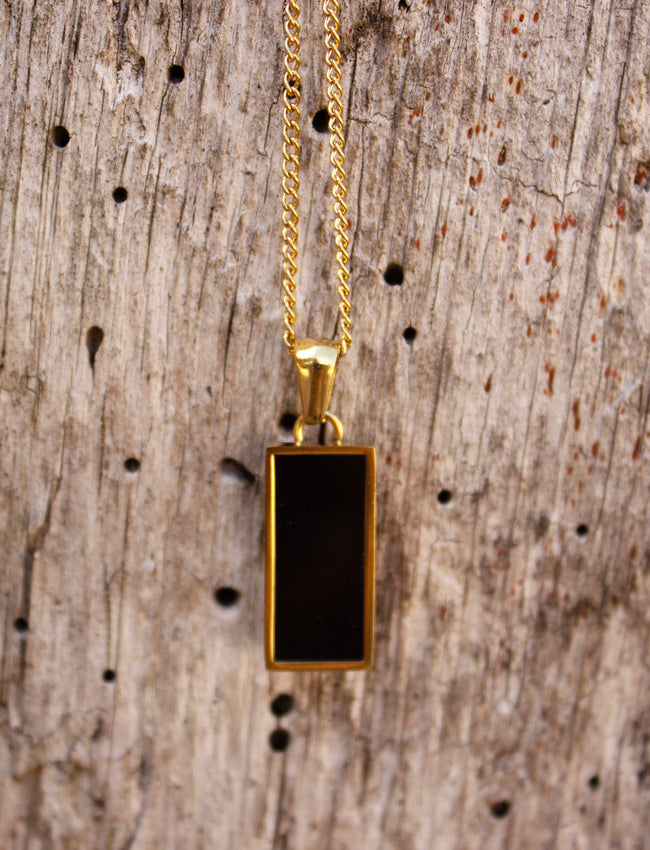 Gold Framed Rectangle Onyx Coloured Pendant with Gold Chain Necklace