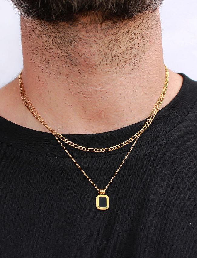 Gold Framed Square Onyx Coloured Pendant with Gold Double Up Chain Necklace