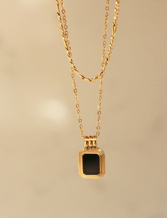 Gold Framed Square Onyx Coloured Pendant with Gold Double Up Chain Necklace
