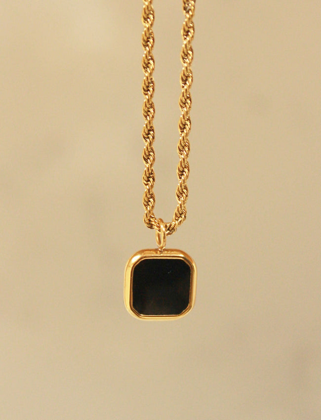 Gold Framed Square Onyx Coloured Pendant with Twist Chain Necklace