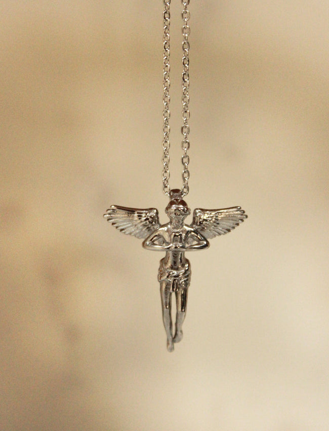 Silver Praying Cherub with Silver Chain Necklace